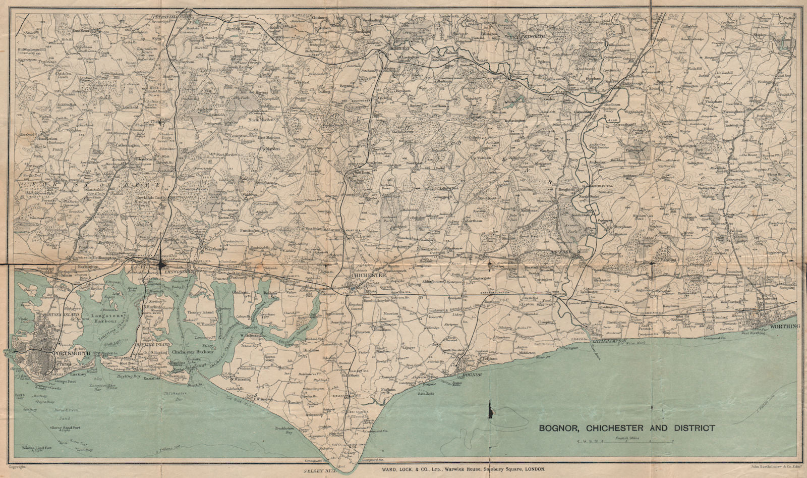 WEST SUSSEX COAST. South Downs. Bognor Worthing Chichester Portsmouth 1922 map